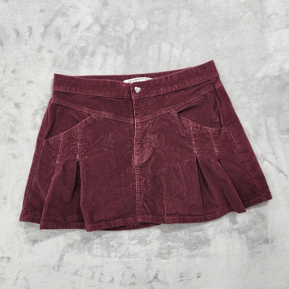 Celebrity Pink Skirt M Juniors Burgundy Corduroy Pleated Mini Pockets Stretch